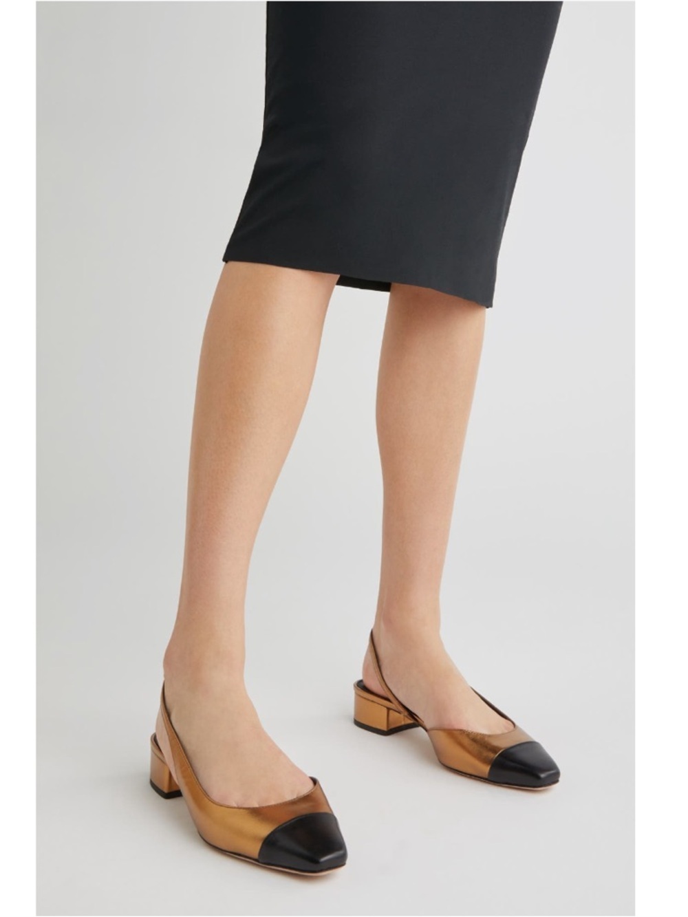 Metallic Bronze Slingback Block Heel Pumps with Black Cap Toe - Picture 9 of 9